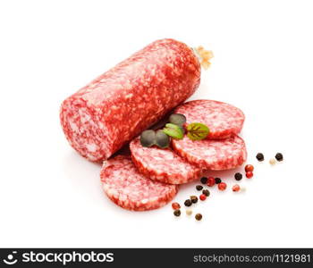 Salami smoked sausage, herb and peppercorns isolated on white background cutout