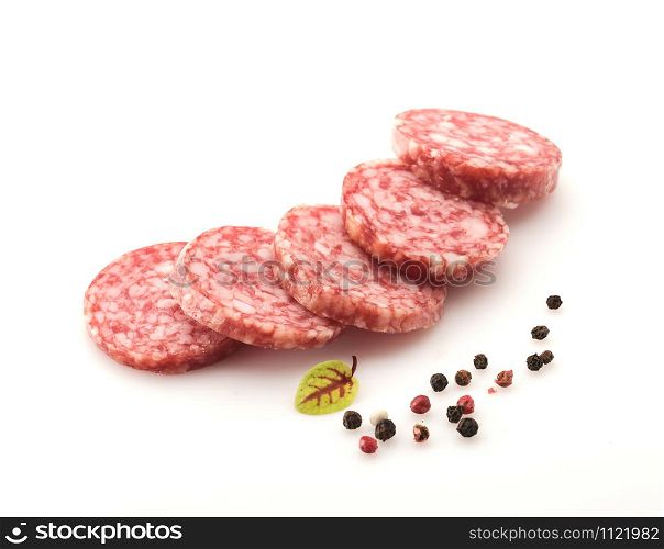 Salami smoked sausage, herb and peppercorns isolated on white background cutout