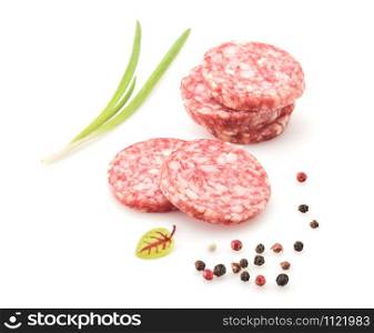 Salami smoked sausage, herb and peppercorns isolated on white background cutout