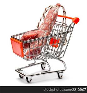 Salami smoked sausage in shopping cart isolated on white background. Salami smoked sausage in shopping cart on white background