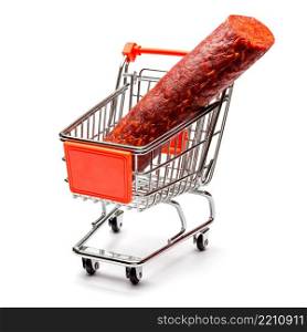 Salami smoked sausage in shopping cart isolated on white background. Salami smoked sausage in shopping cart on white background