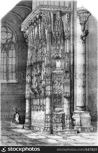 Salazar of the monument remains a pillar of the cathedral of Sens, vintage engraved illustration. Magasin Pittoresque 1861.