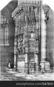 Salazar of the monument remains a pillar of the cathedral of Sens, vintage engraved illustration. Magasin Pittoresque 1861.