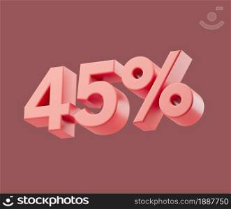 Sale 45 or forty-five percent on pastel background. 3d render illustration. Isolated object with soft shadows. Sale 45 or forty-five percent on pastel background. 3d render illustration. Isolated object