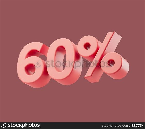 Sale 60 or sixty percent on pastel background. 3d render illustration. Isolated object with soft shadows. Sale 60 or sixty percent on pastel background. 3d render illustration. Isolated object