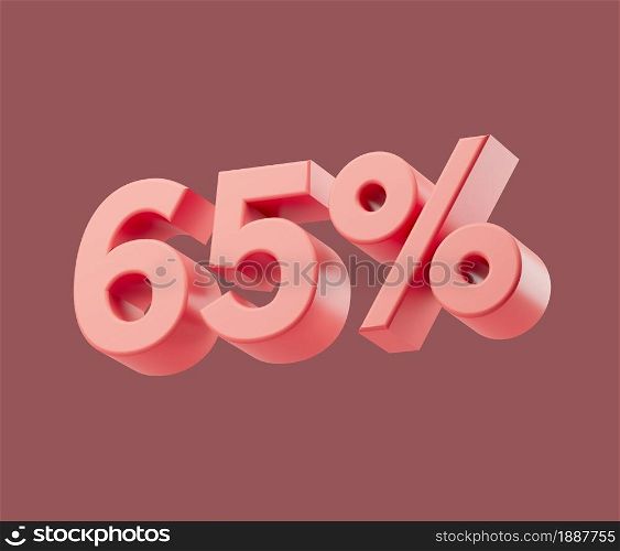 Sale 65 or sixty-five percent on pastel background. 3d render illustration. Isolated object with soft shadows. Sale 65 or sixty-five percent on pastel background. 3d render illustration. Isolated object