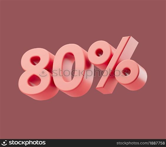 Sale 80 or eighty percent on pastel background. 3d render illustration. Isolated object with soft shadows. Sale 80 or eighty percent on pastel background. 3d render illustration. Isolated object