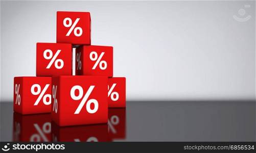 Sale and shopping concept backdrop with percentage symbol on red cubes 3D illustration.
