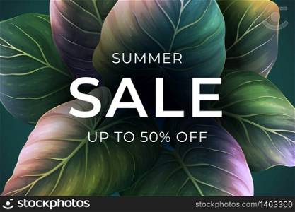 Sale banner, poster with exotic palm leaves. Floral tropical summer background for greeting card, party invitation, holiday sales, poster, web page, packaging