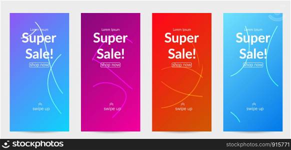 Sale banners for social media stories, web page and other promotion for mobile phone. Bright colored gradient sale advertisement template with wavy lines.