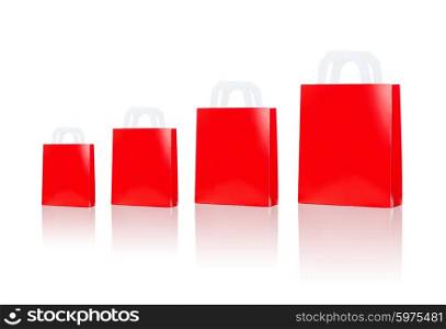 sale, consumerism, advertisement and retail concept - many blank red different size shopping bags