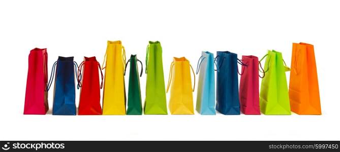sale, consumerism, advertisement and retail concept - many colorful shopping bags