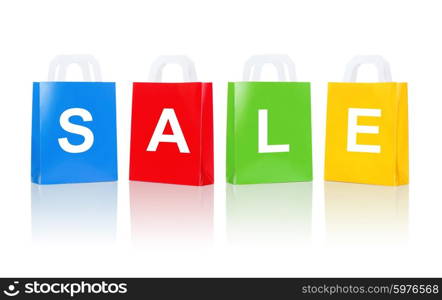 sale, consumerism, advertisement, discount and retail concept - many colorful shopping bags