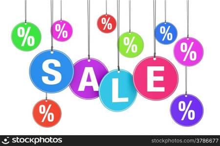Sale, discount and promotion shopping concept with sale word and percentage symbol on colorful hanged tags on white background.