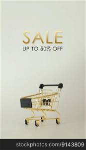 Sale flyer. Special offer, up to 50 percent discount. Shopping trolley with text. Black friday concept. Sale, deal and discount. Gold color.. Sale flyer. Special offer, up to 50 percent discount. Shopping trolley with text. Black friday concept. Sale, deal and discount.
