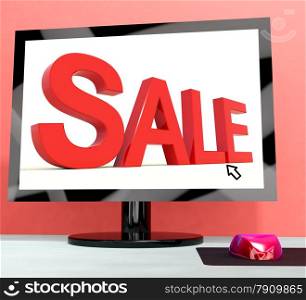 Sale Message On Computer Shows Online Discounts. Sale Message On Computer Showing Online Discounts