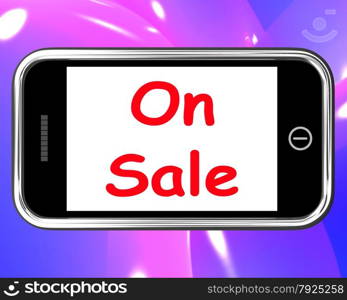 Sale Now On Mobile Message Shows Internet Bargains. On Sale Phone Showing Promotional Savings Or Discounts