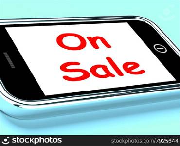 Sale Now On Mobile Message Shows Internet Discounts. On Sale Phone Showing Promotional Savings Or Discounts