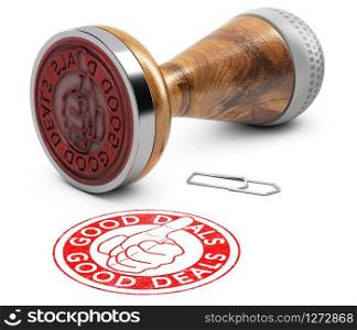 Sale offer concept. Rubber stamp with the text good deals and a hand with thumb up over white background. 3D illustration. Good Deals, Sale Offer Concept