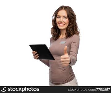 sale, shopping and business concept - happy female shop assistant with tablet pc computer name tag over white background. happy female shop assistant with tablet pc