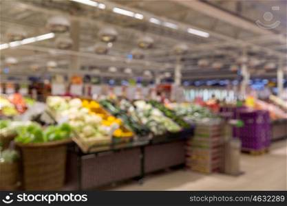 sale, shopping, food, consumerism and grocery - vegetable market blurred out of focus background with bokeh