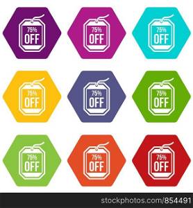 Sale tag 75 percent off icon set many color hexahedron isolated on white vector illustration. Sale tag 75 percent off icon set color hexahedron