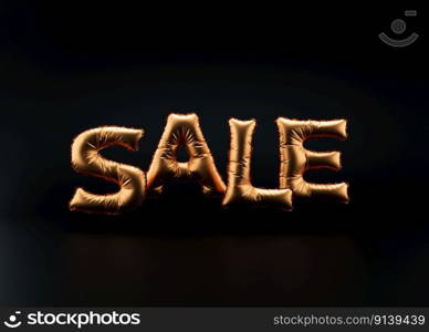 Sale text. Golden foil balloons letters on black background. Special offer, good price, deal, shopping. Black friday. 3d rendering. Realistic 3d objects design. Copy space. Sale text. Golden foil balloons letters on black background. Special offer, good price, deal, shopping. Black friday. 3d rendering. Realistic 3d objects design. Copy space.