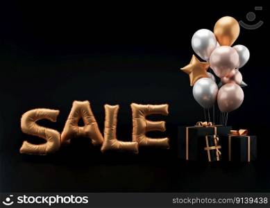 Sale text with balloons and presents. Golden foil balloons letters on black background. Special offer, good price, deal, shopping. Black friday. 3d rendering. Realistic 3d objects design. Sale text with balloons and presents. Golden foil balloons letters on black background. Special offer, good price, deal, shopping. Black friday. 3d rendering. Realistic 3d objects design.