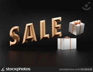 Sale text with presents. Golden letters and gifts on black background. Special offer, good price, deal, shopping. Black friday. 3d rendering. Realistic 3d objects design. Sale text with presents. Golden letters and gifts on black background. Special offer, good price, deal, shopping. Black friday. 3d rendering. Realistic 3d objects design.