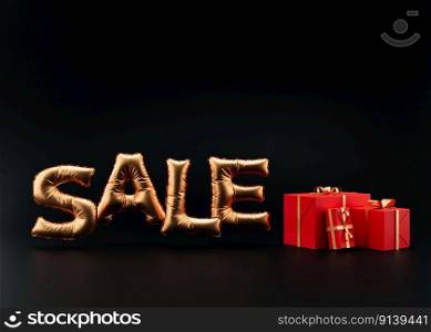 Sale text with red presents. Golden foil balloons letters on black background. Special offer, good price, deal, shopping. Black friday. 3d rendering. Realistic 3d objects design. Sale text with red presents. Golden foil balloons letters on black background. Special offer, good price, deal, shopping. Black friday. 3d rendering. Realistic 3d objects design.