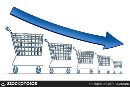Sales decline symbol as a group of shrinking shopping carts with a blue arrow going down as a metaphor for commercial retail consumerism on a white background.