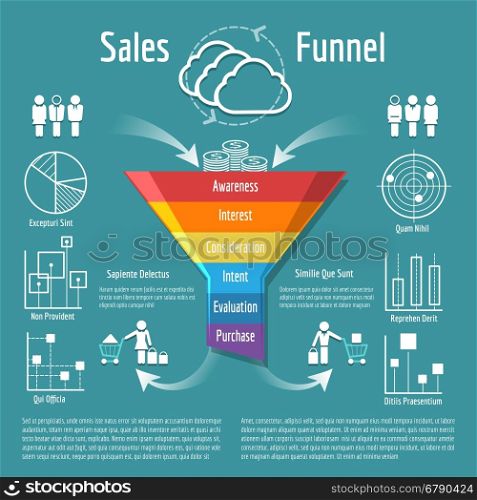 Sales funnel vector illustration. Business purchases or sales segmentation, clients targeting process