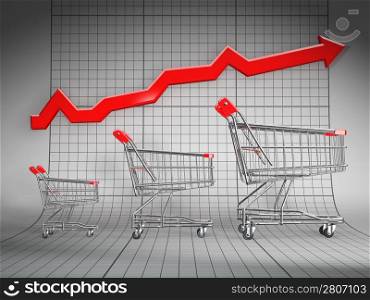 Sales growth. Shopping basket and graph. 3d