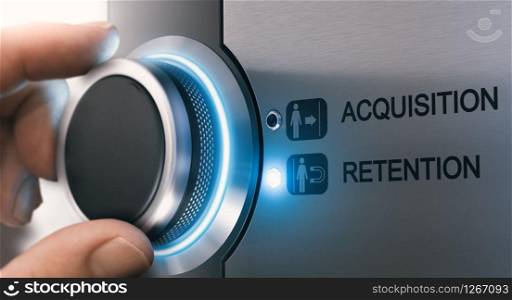 Sales Person turning a knob to select customer retention strategy instead of acquisition. Composite image between a hand photography and a 3D background.. Customer Acquisition and Retention Concept