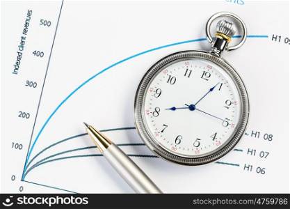 Sales report. Pocket watch and transparent rulers symbolizing traditional business