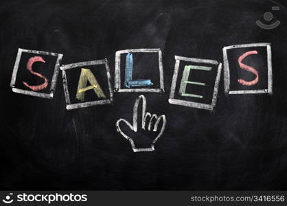 Sales written in chalk with a hand cursor on a blackboard