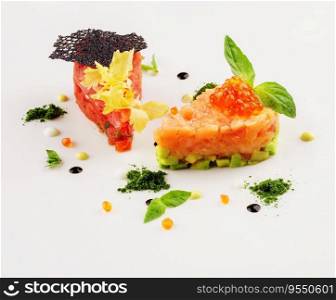 salmon and beef tartare on white plate