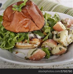 Salmon Burger With Arugula And Potato Salad