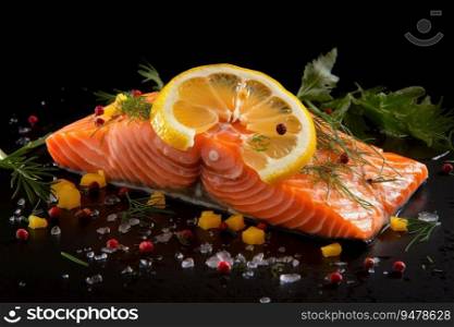 Salmon fillet with pepper, thyme rosemary and lemon. Generative AI