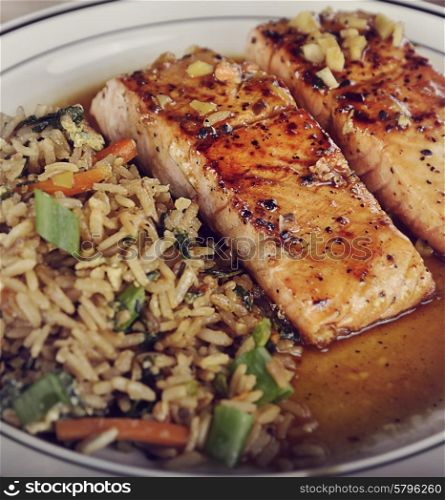Salmon Fillets with Orange Sauce and Rice with Mushrooms
