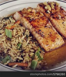 Salmon Fillets with Orange Sauce and Rice with Mushrooms