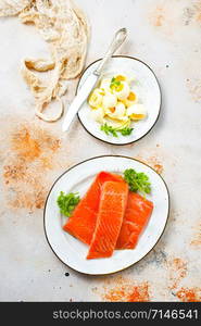 salmon fish and butter on a table, stock photo