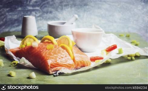 Salmon fish with lemon, cooking preparation