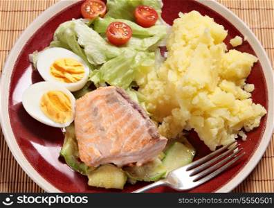Salmon; grilled; dinner; food; fish; hard-boiled; egg; salad; potato; lettuce; mashed potato; fork; homemade; mashed; meal; closeup,tomato,cherry tomato