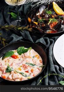Salmon in cream sauce and Mussels