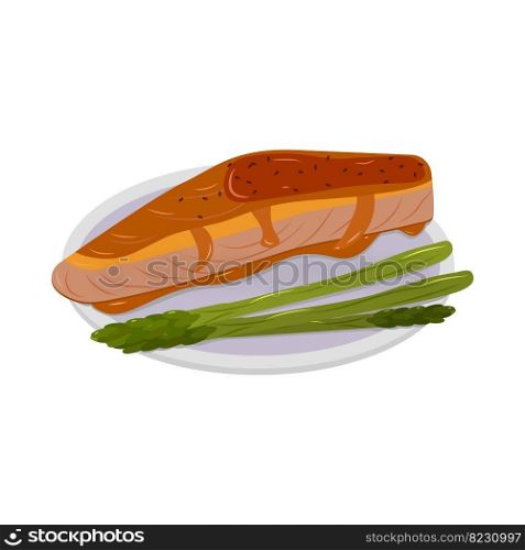 Salmon in garlic-honey glaze with asparagus plate decorated with black sesame seeds. Salmon in garlic-honey glaze with asparagus plate
