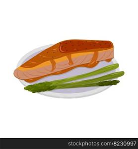 Salmon in garlic-honey glaze with asparagus plate decorated with black sesame seeds. Salmon in garlic-honey glaze with asparagus plate