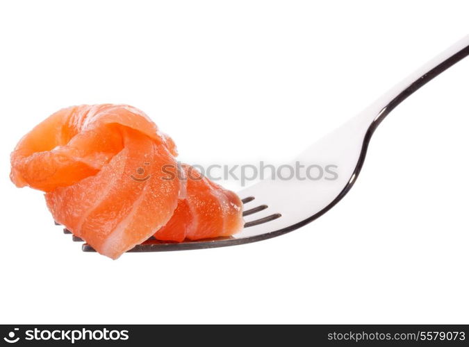 Salmon piece on fork isolated on white background cutout