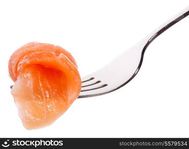 Salmon piece on fork isolated on white background cutout