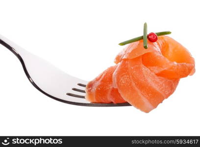 Salmon piece on fork isolated on white background cutout